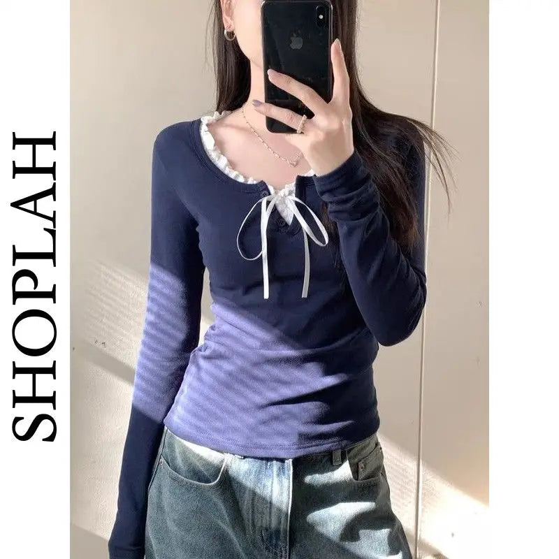 O-neck T-shirts Women Bow Simple Patchwork Design All-match Autumn Students Clothing Young Soft Korean Style Chic Casual Fashion