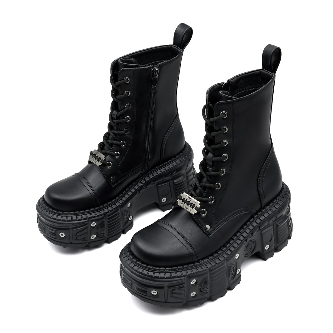 2024 New Punk Women Platform Ankle Boots Female's Rock Round Toe Lace Up Fashion Retro Chunky Shoes Metal Decor Short Boots