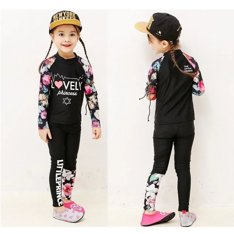 Two Piece Long Sleeve Cover up Flowers Korea swimwear beachwear girls bathing suits swimsuits kid