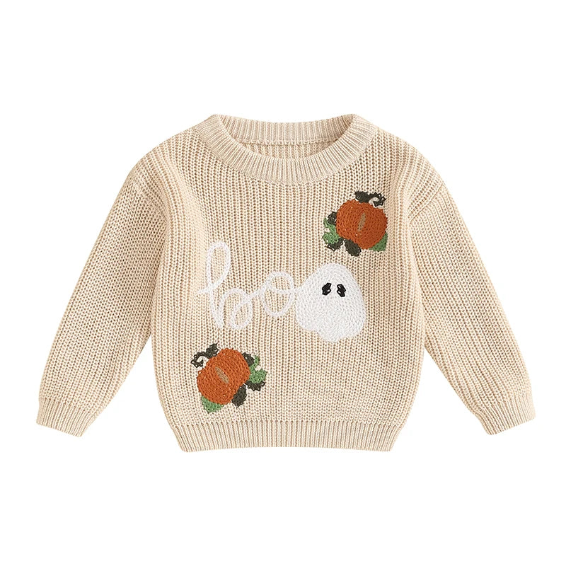 2024-05-21 Lioraitiin Toddler Boys Girls Halloween Sweater Witch Pumpkin Letter Ghost Long Sleeve Round Neck Knitted Pullover