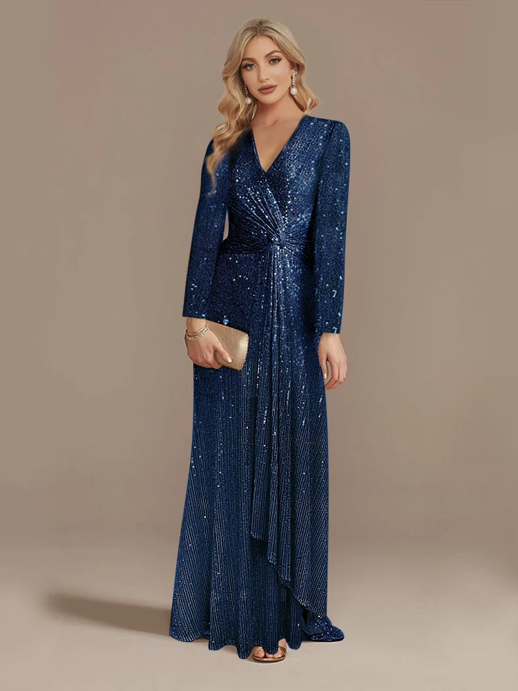 Lucyinlove Luxury Floor Length V-Neck Evening Dress 2024 Women Elegant Party Maxi Dress Sequin Long Sleeves Prom Cocktail Dress