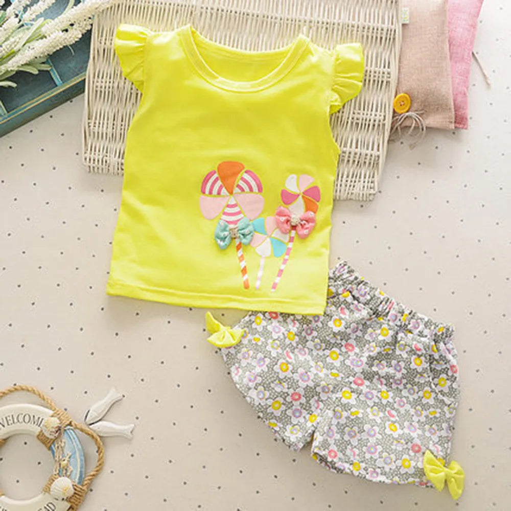 2 Piece Set For Toddler Girl 1~4 Years Children'S Clothing Kids Baby Girls Outfits Lolly T-Shirt Tops+Short Clothes Set 2t 3t 4t