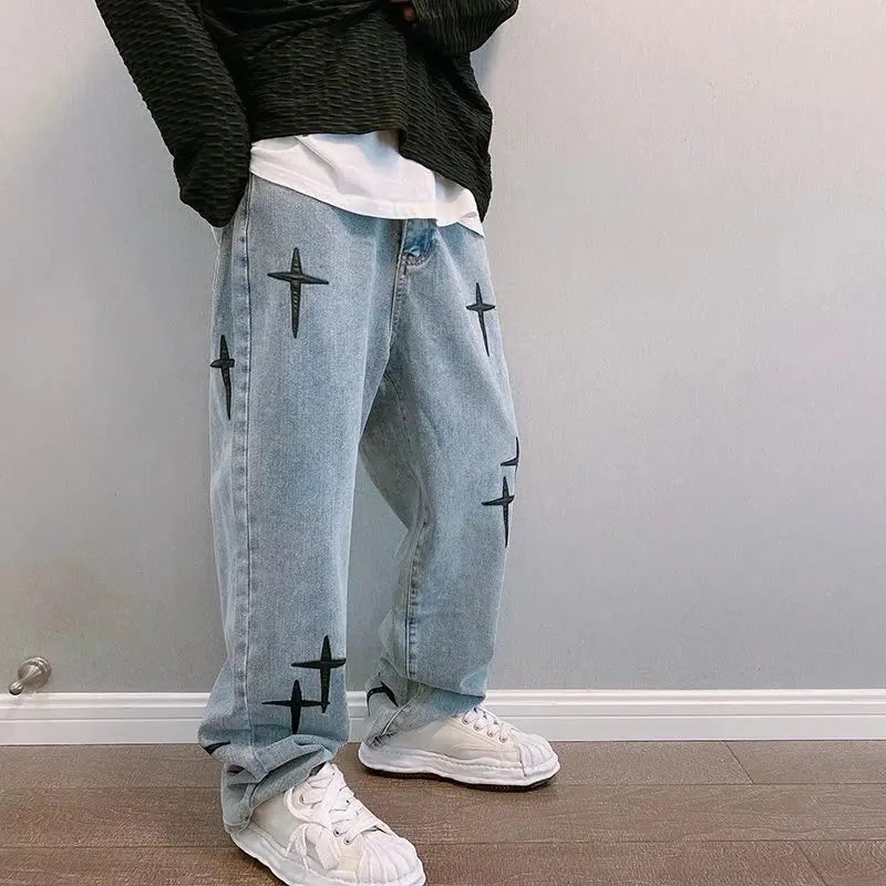 Prints Jeans Men 2023 New Streetwear Baggy Wide Leg Jeans Korean Fashion Drapes Straight Casual Loose Denim Cargo Pants