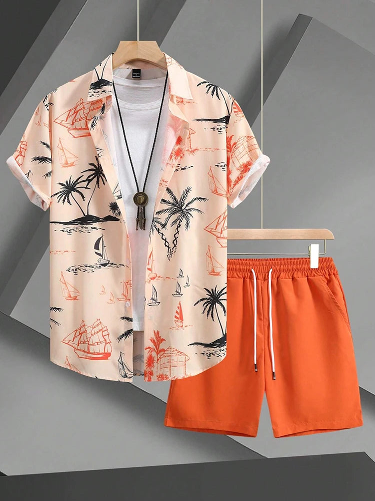 2025 Summer Men's Short-sleeved Shirt Beach Shorts Set Outdoor Everyday Men's Summer Shorts Street Fashion Men's Casual Shirt