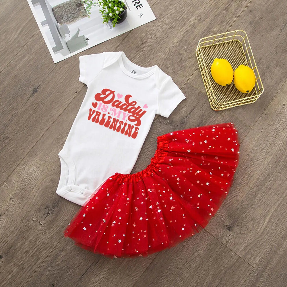 Mommy and Daddy Little Valentine's Day Printed Baby Bodysuit Dress Set Infant Valentine Party Girls  Holiday Romper Tutu Skirt