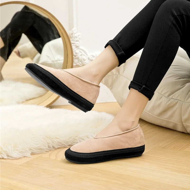 AIYUQI Winter Flat Shoes Women 2024 New Wool Lining Warm Women Snow Shoes Genuine Leather Comfortable Female Winter Ballet Shoes