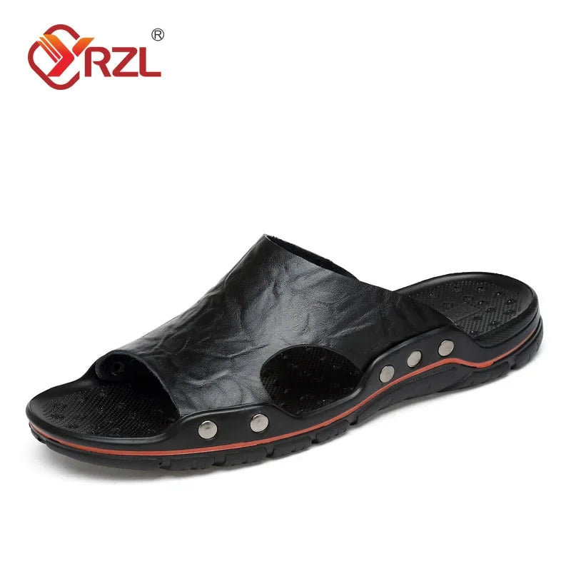 YRZL Sandals Mens Leather Classic Summer Men Slippers Soft Black Slippers PU Leather Slippers Lightweight EVA Slides for Men