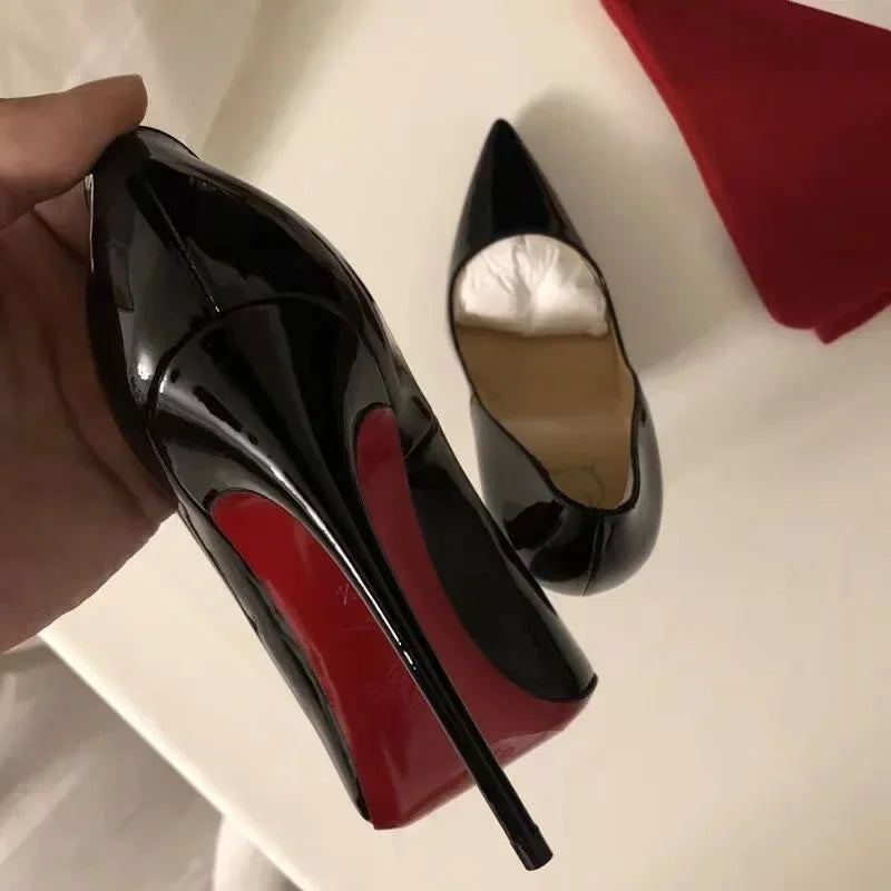 Black Patent Leather Pointed Toe Red Rubber Sole Women's High Heels Party Shoes Sexy Women's Dress Stilettos 2025