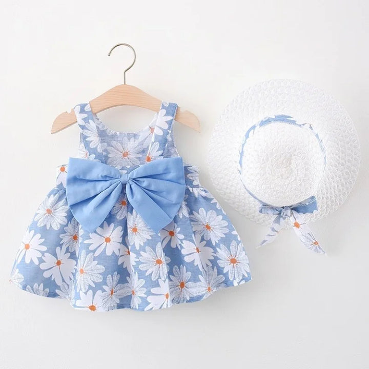 Toddler Girl Outfit Korean Style Dress For Baby Girl Cute Flower Printed Bow Dress Send Hat