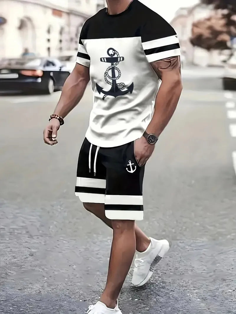 2025 New Men's Casual Fashion Suit Men's Trend Sportswear Suit Quick-drying Sportswear Short-sleeved T-shirt + Shorts Two-piece