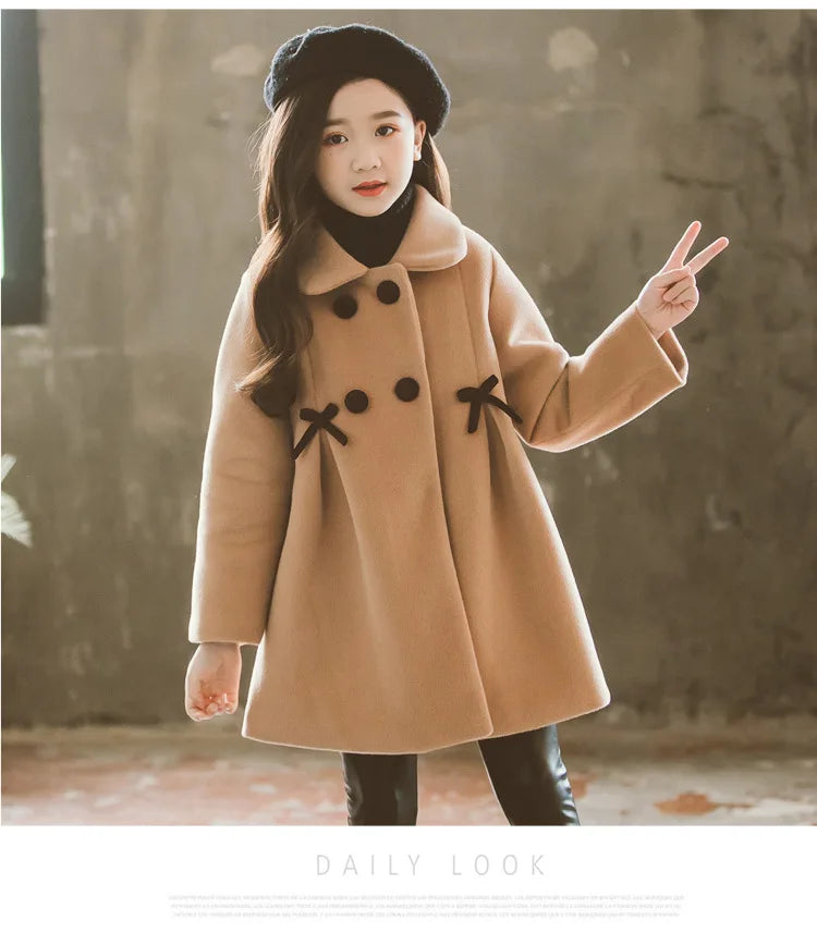 New Winter Teenager Girls Long Jackets Toddler Kids Outerwear Clothes Casual Children Keep Warm Woolen Trench Coat 3-12 Years