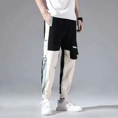 Men's Cargo Pants Casual Hip Hop Hit Color Multiple Pockets Trousers Streetwear Ribbons Techwear Sweatpants