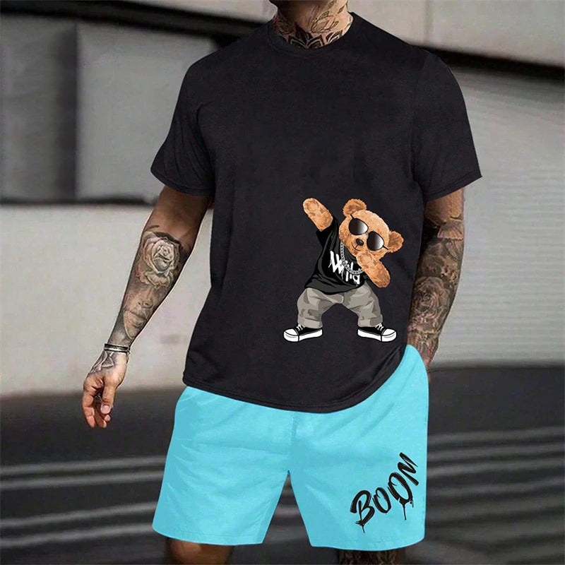 2025 Fun Bear Harajuku T-Shirt Men's Summer Loose Daily Couple Suit Outdoor Street Short Sleeve Shorts Two Piece Men Summer Suit