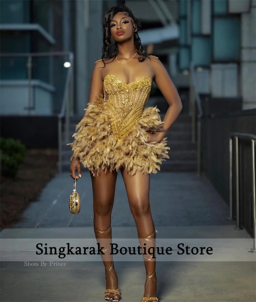 Glitter Gold Diamonds Prom Dress 2024 For Black Girls Glitter Bead Crystal Rhinestones Birthday Party Cocktail Senior Customized