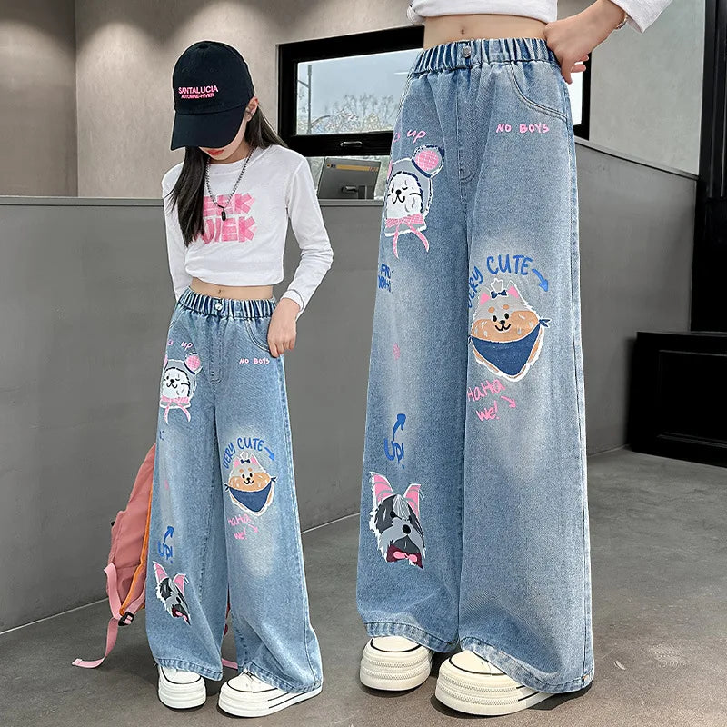 2024 Cartoon Fashion Pattern Jeans for Girl Loose Straight Denim Pants Lovely Print Kids Spring Autumn Korea Style Long Trousers