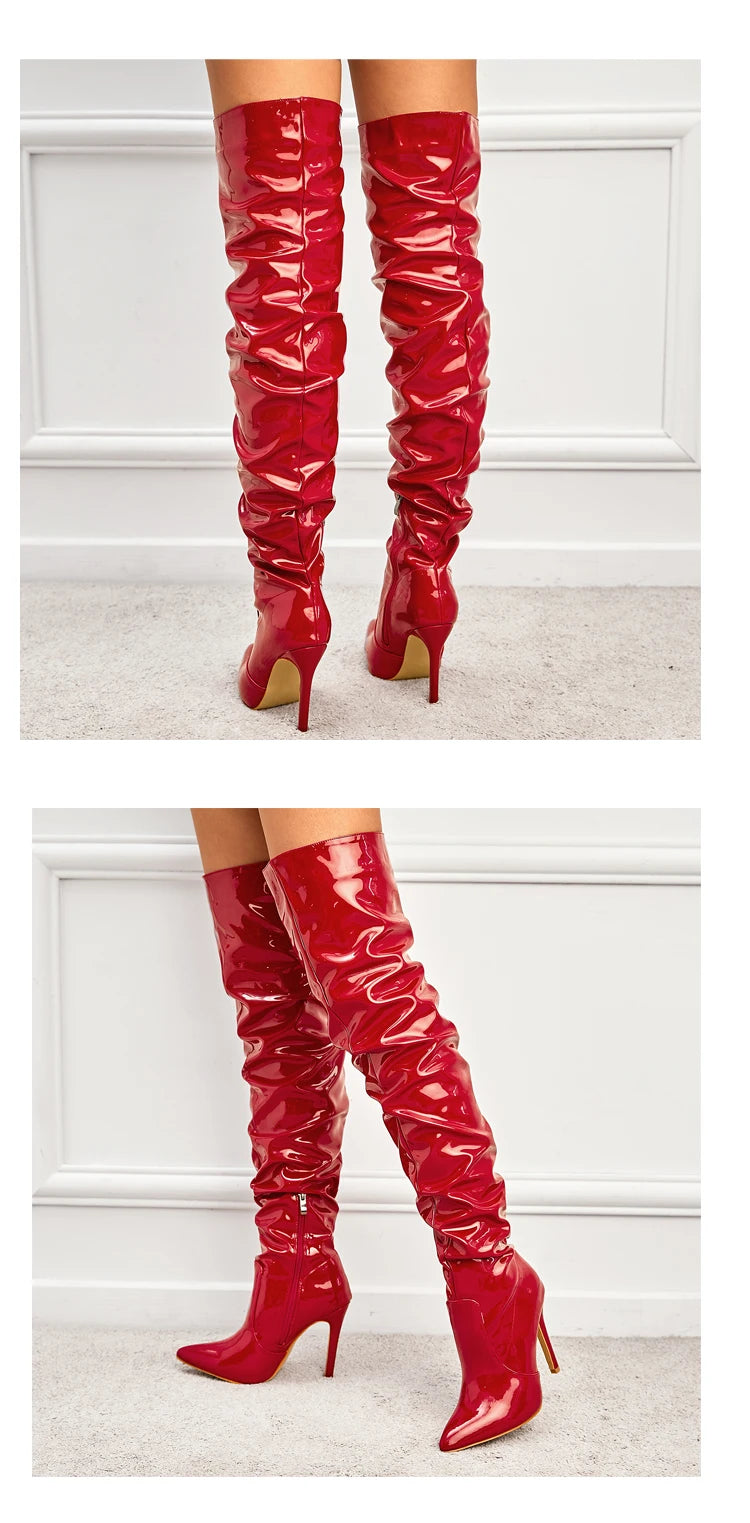 Eilyken Red Women Over The Knee Boots High Heels Patent Leather Solid Pointed Toe Stiletto Side Zipper Sapatos Femininos