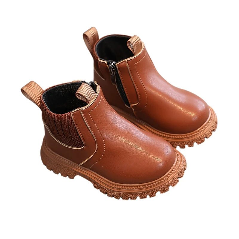 Fashion Boy Girl Short Boots Non-Slip British Style Boots Children's Side Zipper Design Single Boots Leather Boots Anti-skid