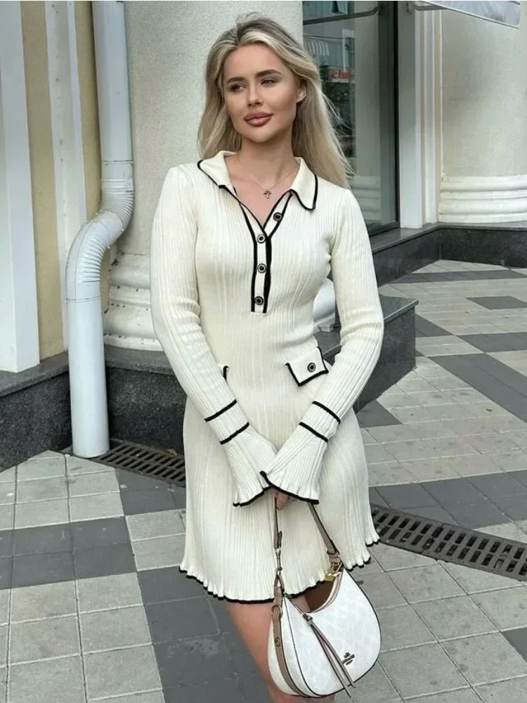 Tossy Ruffled Fashion Knit Dress Women Autumn Ribbed Contrast Long Sleeve High Waist Lapel Gown Dress Knitwear Ladies Maxi Dress