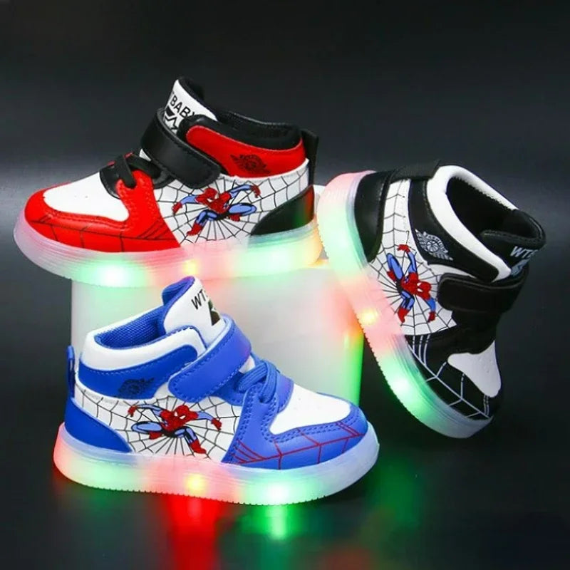 Disney Children's Led Light Shoes Fashion Design Spiderman Boys Sneakers Girls Cartoon Casual Shoes Breathable Kids Sport Shoes