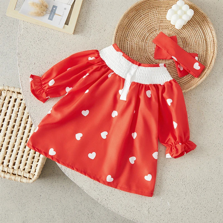 Suefunskry Baby Girl Valentine’s Day Dress Long Sleeve Round Neck Heart Embroidery Dress with Headband Set