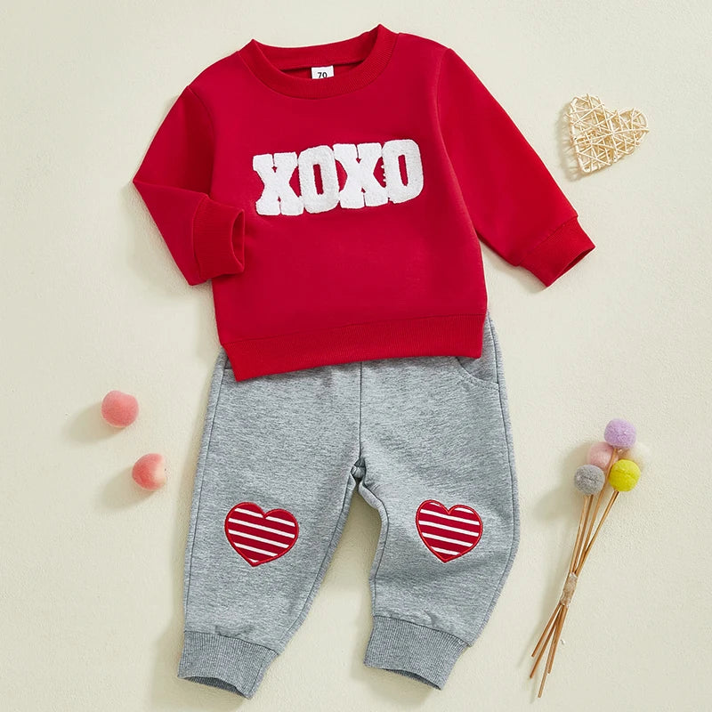 Lioraitiin Toddler Baby Boys Valentines Day Set Long Sleeve Crew Neck Embroidery Letters Sweatshirt with Heart Pants Outfit