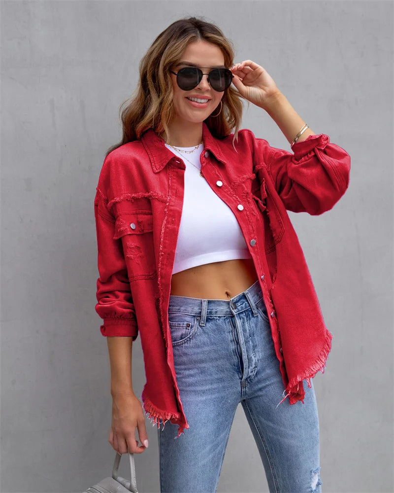 2023 Holes Raw-edges Denim Jacket Women Spring Autumn Shirt Style Jeancoat Casual Top Rose-Red Orange Purple Outerwear Lady Coat