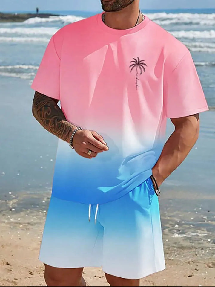 Summer Men's 2 Piece Set Hawaiian Fashion Casual Men's T-shirt Outdoor Beach Men's Shorts Palm Tree Print O-neck Short Sleeves