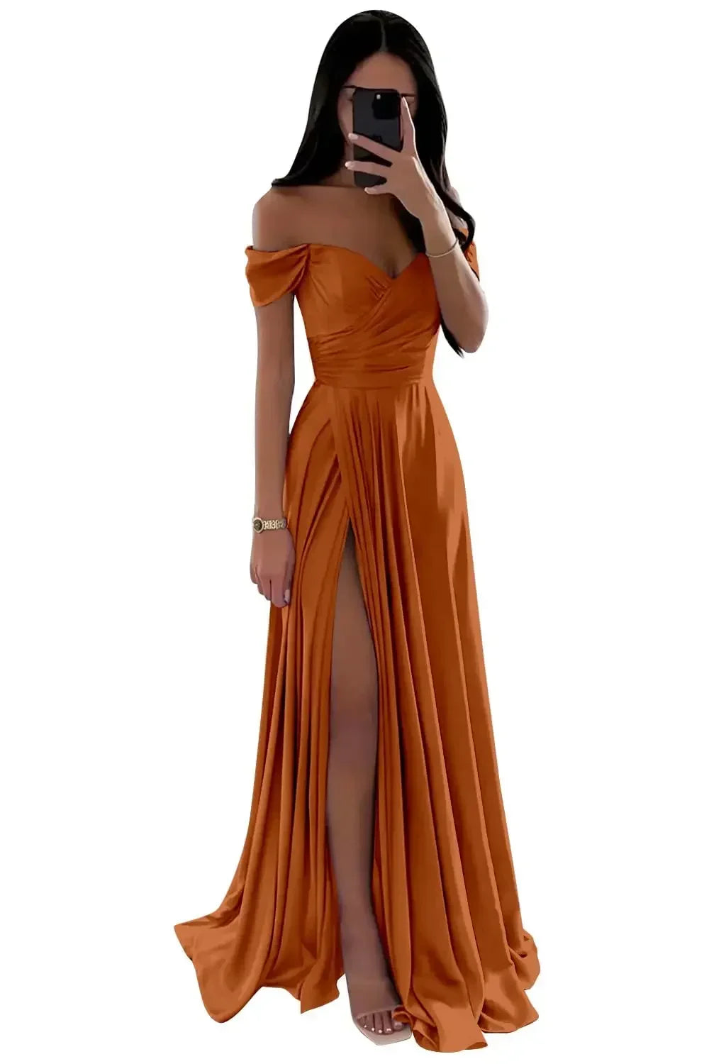 GDYBAO Women's Off The Shoulder Bridesmaid Dresses for Wedding Slit Long Pleated Satin Prom Dress Customized A-Line Evening Gown