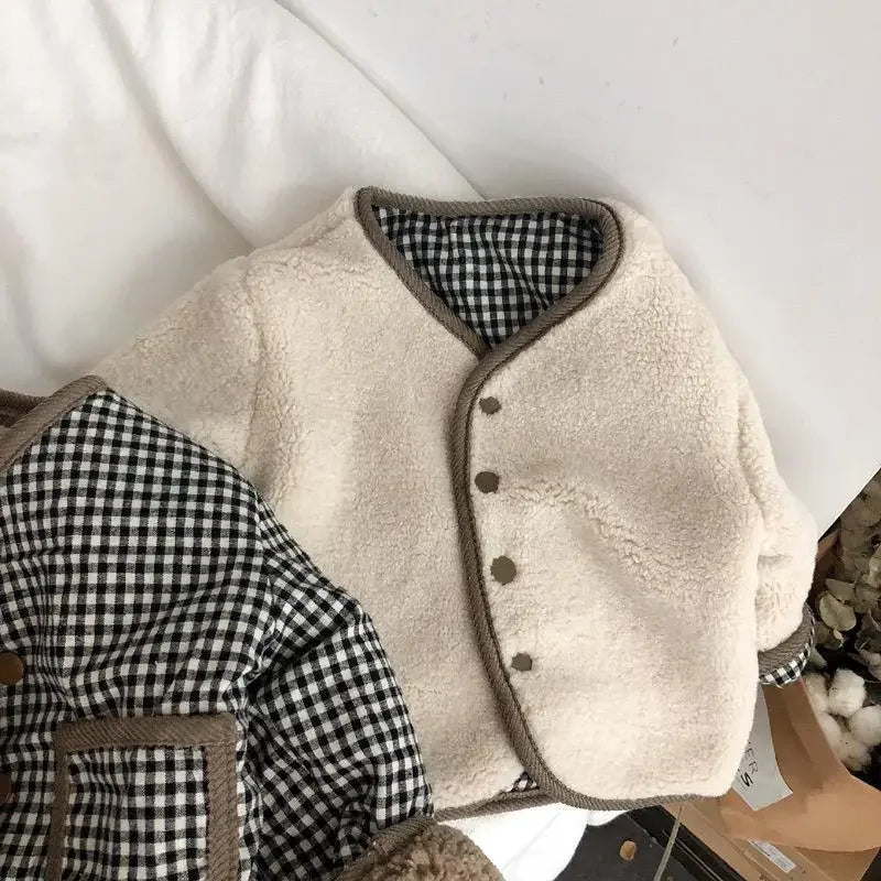 DGUKYM New Autumn and Winter Warm Jacket Children Two Sides Wear Plaid Plush Jacket Kids Jackets Winter Clothes for Girls