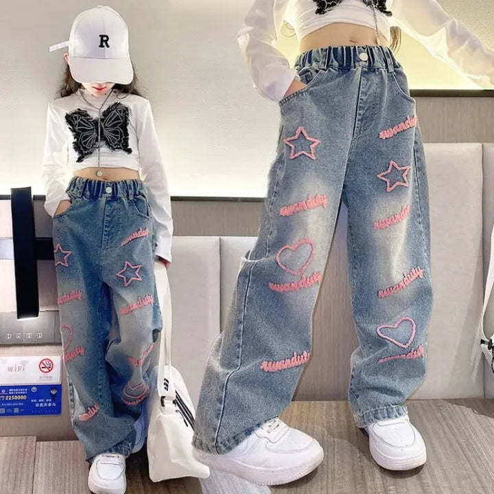 Girls School Wide Leg Pants with Heart Star Design Casual Loose 2024 Kids Fashion Long Jeans Children Korean Style Trousers