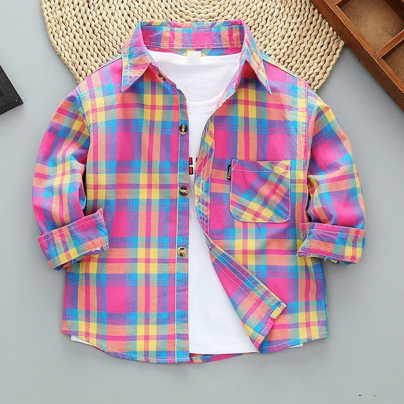 2023 Spring Baby Boys Shirts Kids Cotton Clothes Children Long Sleeve Plaid Shirt Autumn Toddler Girls Casual Shirts Tops 2-11Y