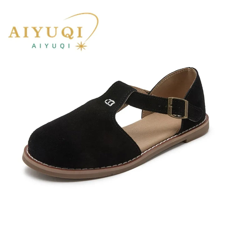 AIYUQI flat-soled retro frosted genuine leather women's sandals 2024 new hollow women's shoes Roman Baotou sandals for women