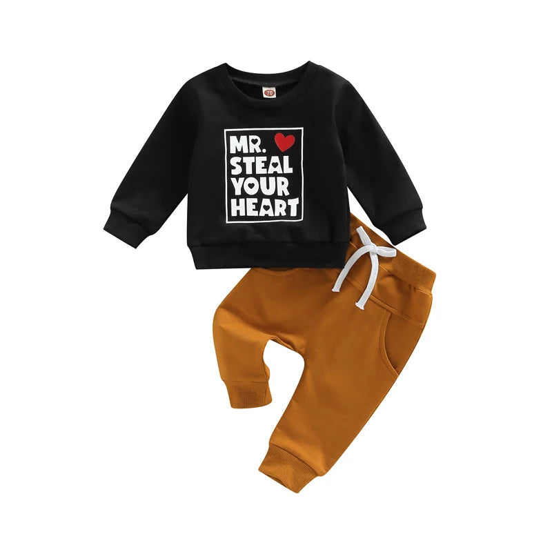 Baby Boy Valentines Day Outfits Infant Toddler Long Sleeve Shirt Love Heart Sweatshirt Top Pants Set Spring Clothes