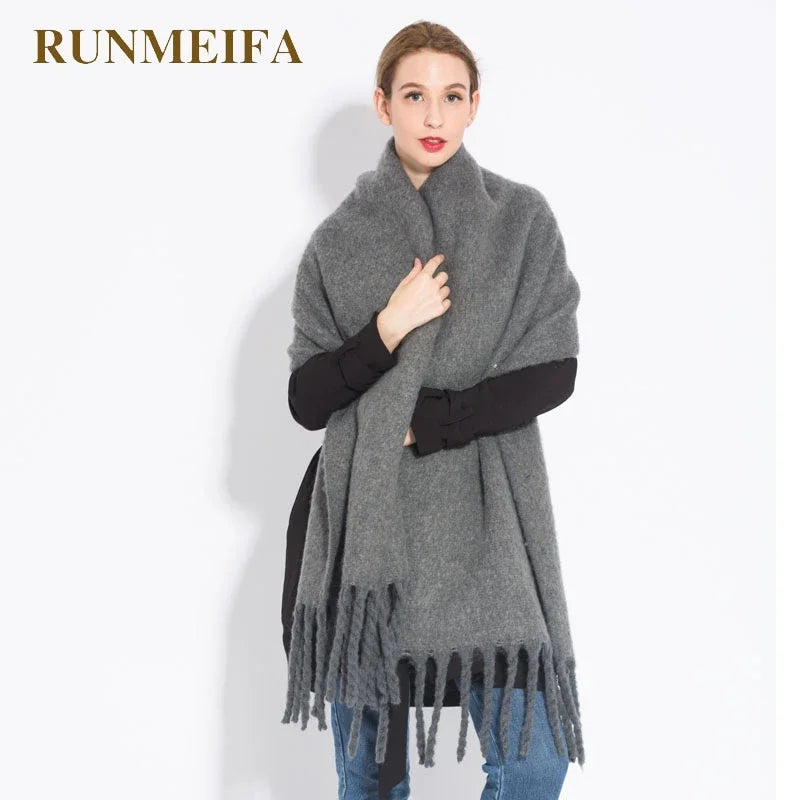 230*37cm Winter Scarf Women Luxury   Scarf Thickened Warm Shawl Classic Tassels Fluffy Scarf Solid Color Soft Shawl