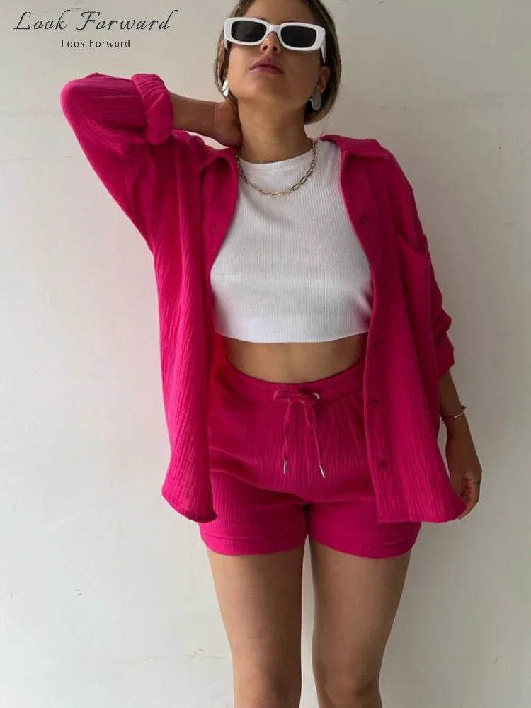 Casual Shirt Shorts Suit Women Lapel Oversize Top Lace Up Wide Leg Lady Pants Set Spring Single Breasted Full Sleeve Female