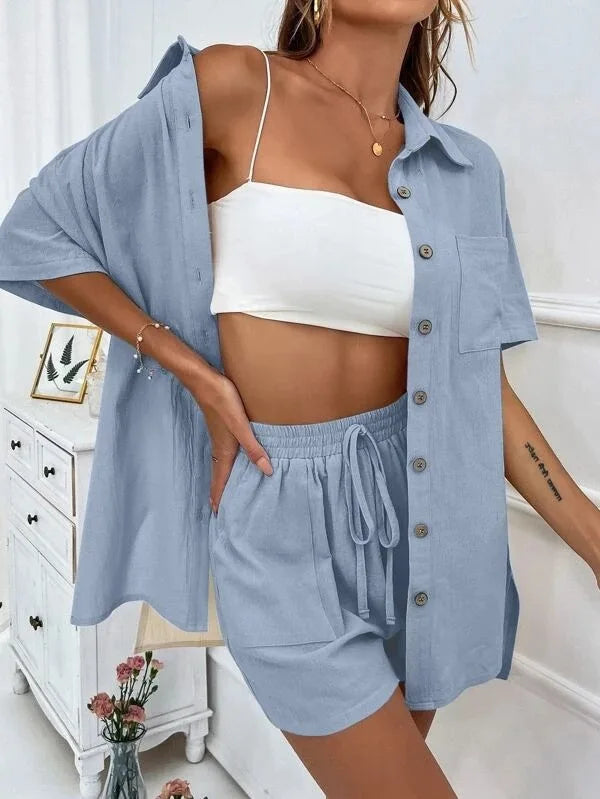 Long Sleeve Single breasted Top Broad legged Shorts Set Fashion Ladies Sexy Solid Suits 2023 Summer 2 Piece Outfits For Women