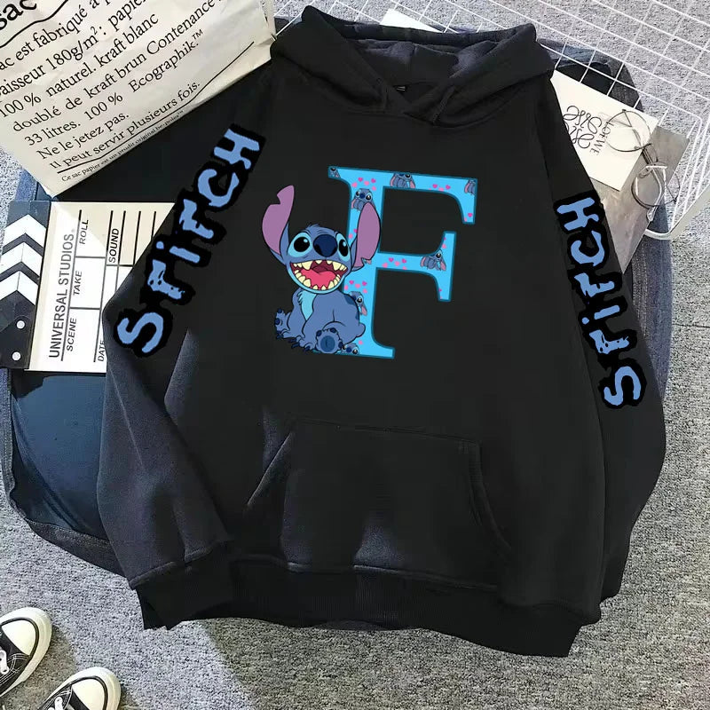 2024 Women's Winter Jacket Cute Kawaii Disney Lilo & Stitch Lucky Letter Print Black Hoodie Fashion Couple Streetwear Sportswear