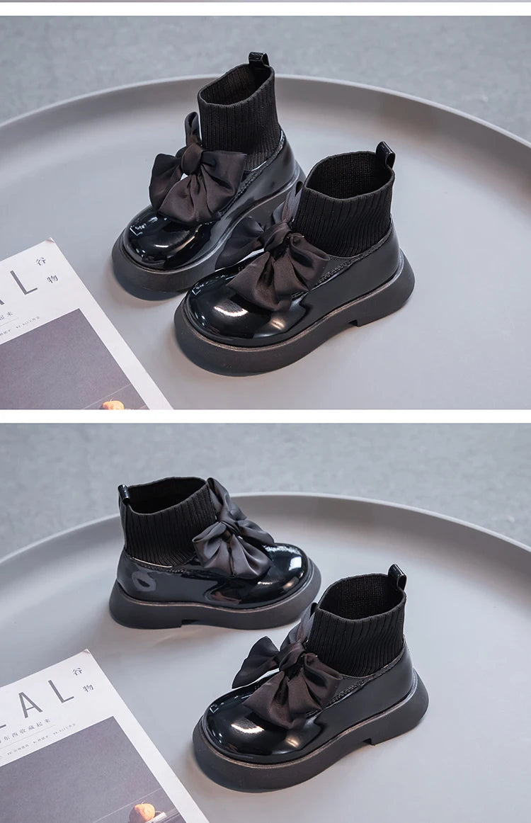 Girls Sock Boots Kids Ankle Boots Non-slip Fashion Bow Elegant Glossy UK Uniform Child School Shoes Casual Socks Boots Princess