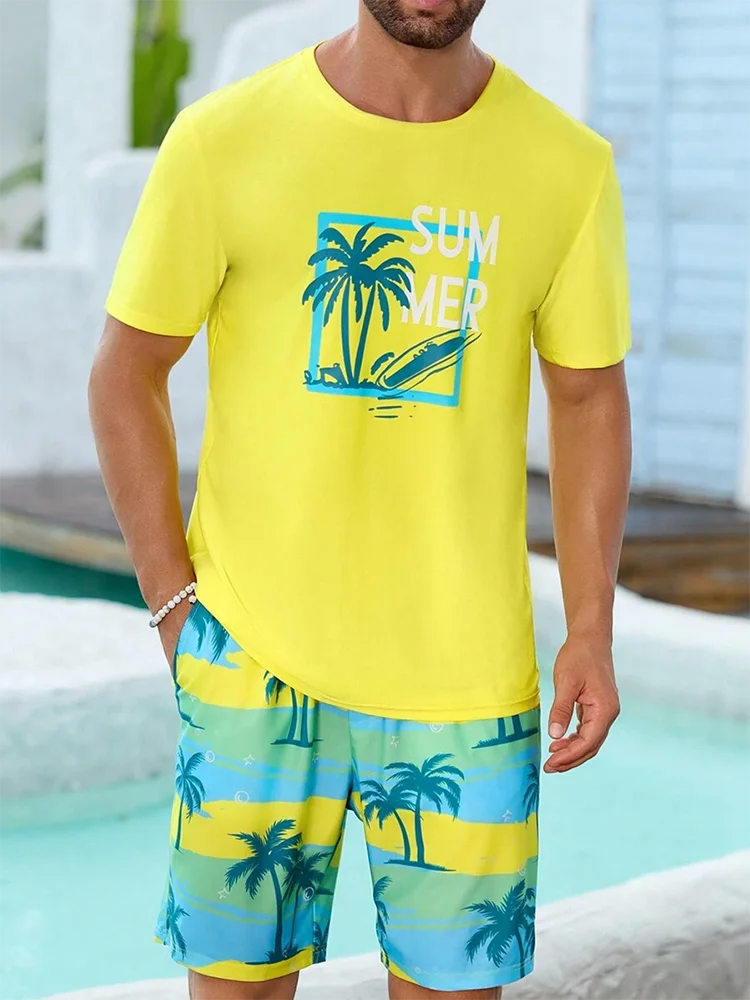 Summer Men's 2 Piece Set Hawaiian Fashion Casual Men's T-shirt Outdoor Beach Men's Shorts Palm Tree Print O-neck Short Sleeves