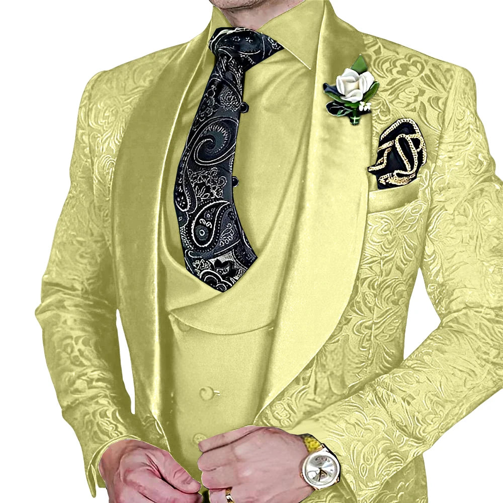 DMDRS | Jacquard Men's 3-piece Suit Set Formal Party Dress Groom's Tuxedo High Quality Elegant Men's Customized Outfit