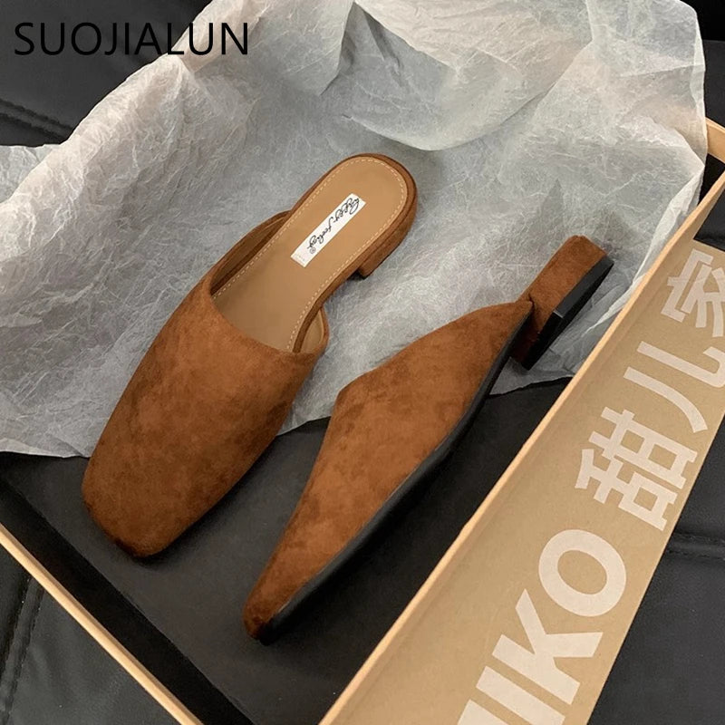 SUOJIALUN 2024 Autumn Women Flat Shoes Fashion Round Toe Slip On Mules Shoes Soft Flat Heel Outdoor Casual Dress Sandal Shoes