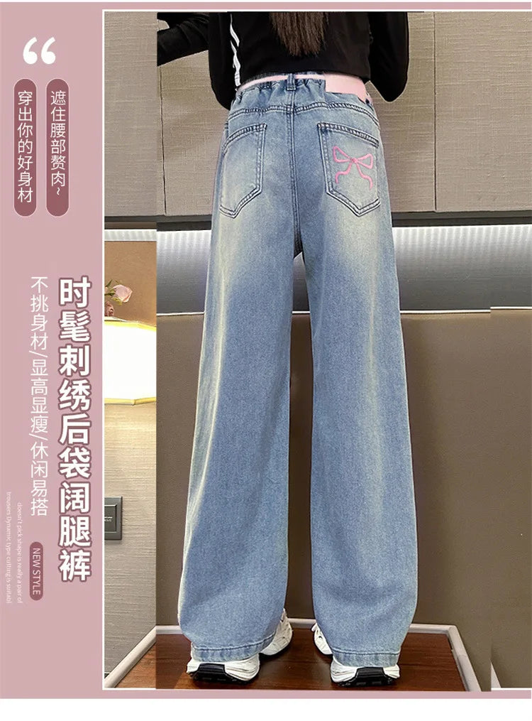 Teenage Girls' Jeans Spring Autumn Kids Korean Casual Pocket Bow Design Denim Pants Fashion Elastic Waist Trousers For Girl