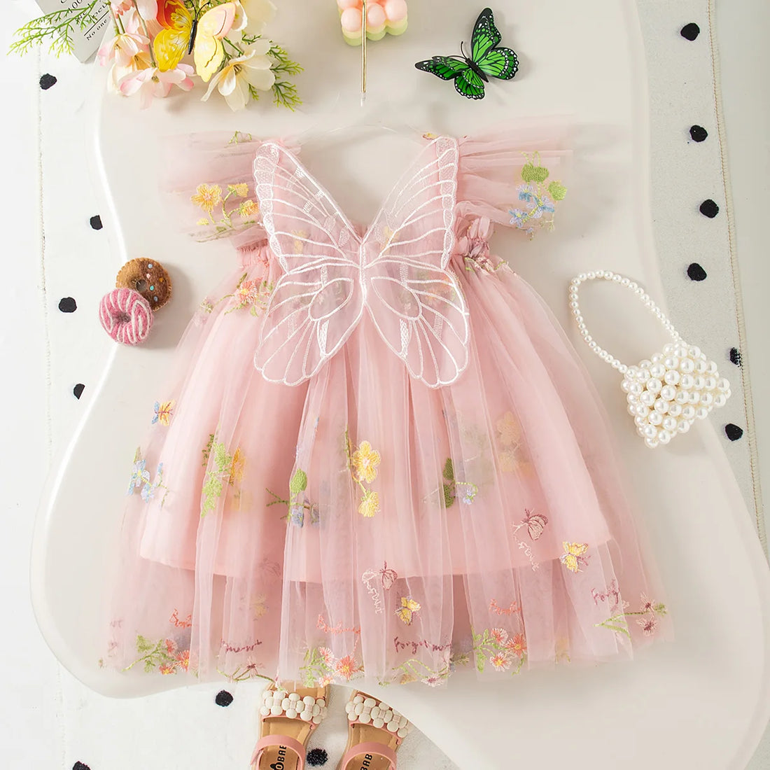 Summer New Girls' Dress Halter Small Flying Sleeve Embroidery Pattern Wings Sweet Princess Dress Mesh Princess Dress