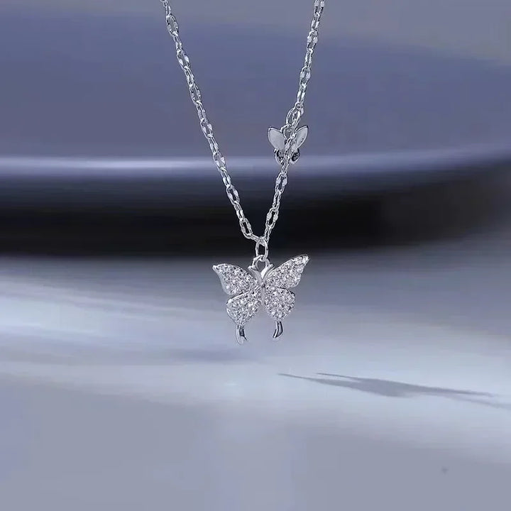 Silver Color Korean Chain Butterfly Pendant Women Necklace Crystal Stone Cute Girls Little Charm Fancy Necklace Fashion Jewelry