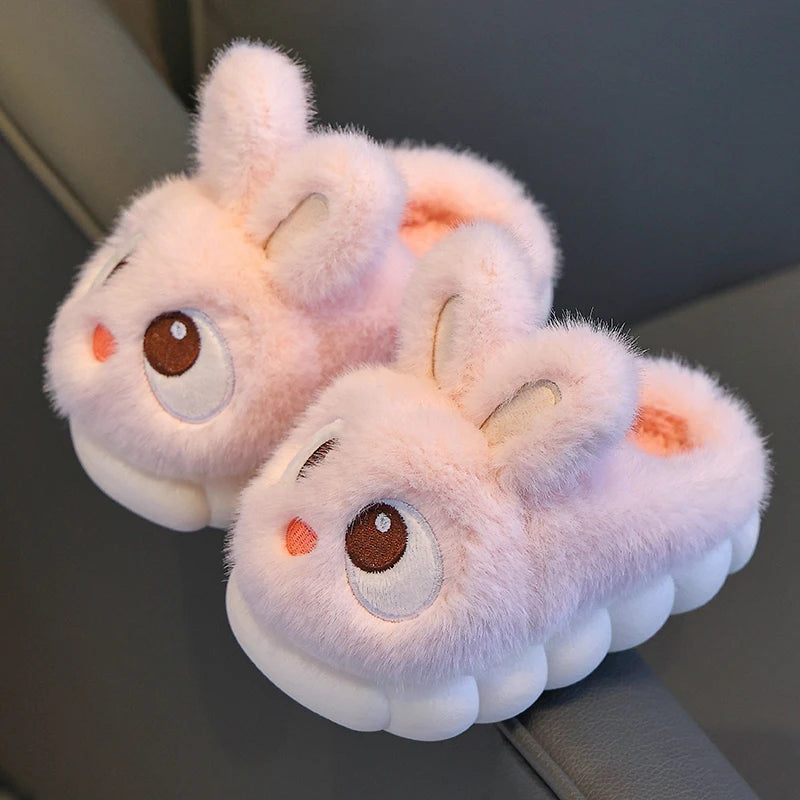 New Winter Cute Big eyed Rabbit Children's Waterproof Warm Non-slip Fluffy Slippers For Girls Boys Kids Indoor Home Cotton Shoes