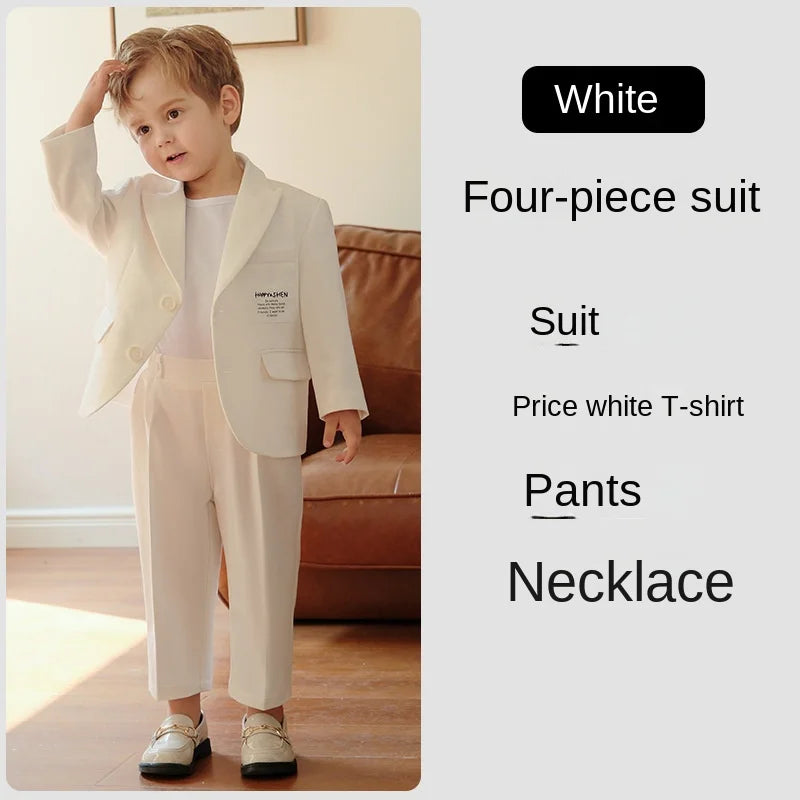 Boys Casual Suit White Gentleman Formal Wedding Tuxedo 2 To 12 Year Spring Autumn Children Host Speech Piano Performance Costume