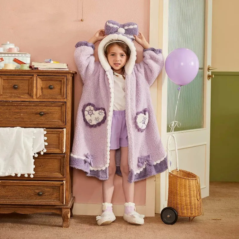 Girls Flannel Pajamas Autumn Winter Robes for Kids Warm Nightgowns for Children Teenager Bath Towel for Kids Clothes