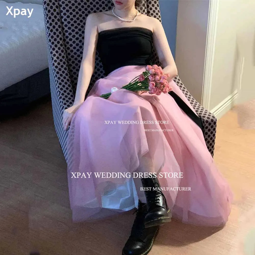 XPAY Black Pink Korea Evening Party Dress Customized A Line Strapless Wedding Photo Shoot Sleeveless Backless Corset Prom Dress