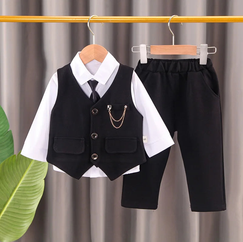 2024 new  boy's solid color children's gentleman suit wear baby chain vest  Tie Shirt three piece formal evening fashion dres