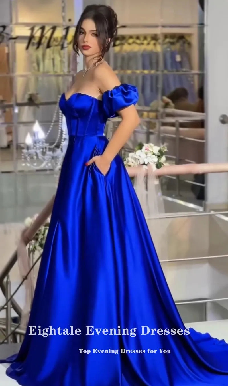 Eightale Royal Blue Evening Dresses Sweetheart Off  the Shoulder Customized Satin Prom Wedding Party Gown Vestido De Fiesta